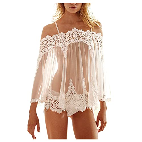 Women Sexy Fashion Nightgowns Babydoll Lace Floral Heart Print V Neck Nightwear Mesh Chemise Sexy Cute Lingerie Pajamas - #19white - Medium