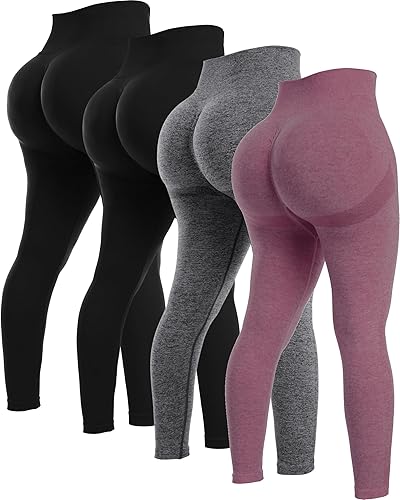 NORMOV 4 Piece Butt Lifting Workout Leggings for Women, Seamless Gym Scrunch Booty Lifting Sets - X-Large - 4packs(black+black+grey+burgundy)