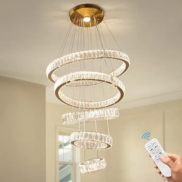 Dixun Dimmable Chandeliers LED Big Crystal Chandeliers Modern 5 Rings Pendant Light Adjustable Ceiling Light for Bedroom Dinning Room Kitchen
