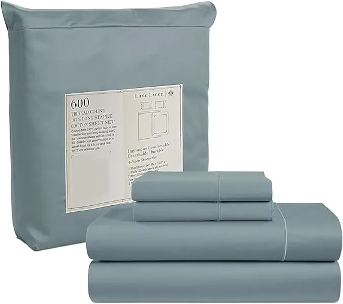 Lane Linen Queen Sheet Set - 600 TC Sheets Queen Size Bed Set - 100% Cotton Bed Sheets Set - Ultra Soft Queen Sheets & Pillowcases Set - Sateen Weave Hotel Sheets - Luxury Bed Sheets Queen Size - Blue