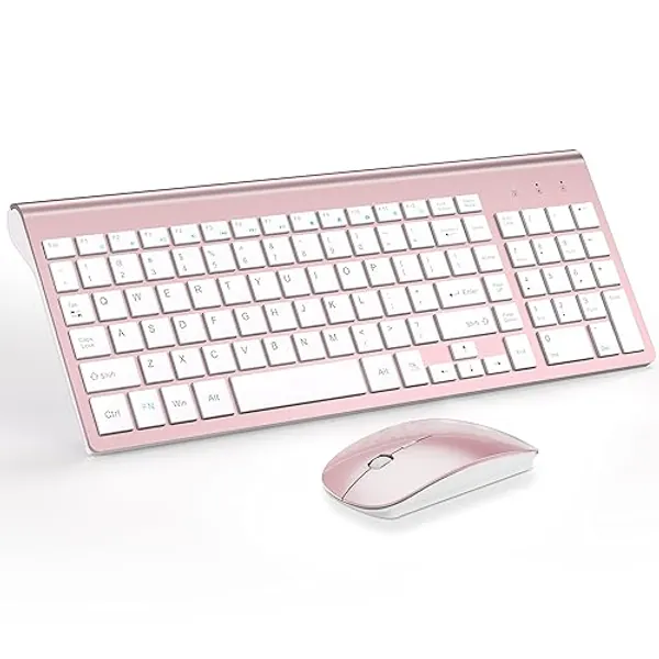 Wireless Keyboard and Mouse Ultra Slim Combo, TopMate 2.4G Silent Compact USB 2400DPI Mouse and Scissor Switch Keyboard Set with Cover, 2 AA & 2 AAA Batteries,for PC/Laptop/Windows/Mac-Rose Gold White