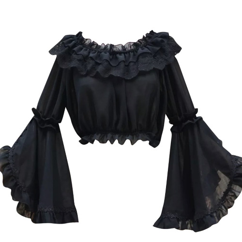 COUCOU Age Lolita Strapless Shirt Blouse Chiffon Trumpet Sleeves for Women Girls - One Size Black