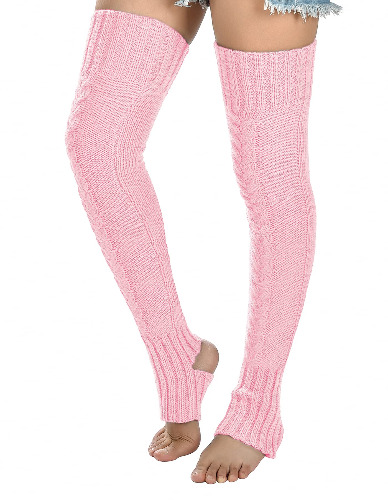 Women's Cable Knitted Thigh high Leg Warmers Extra Long Stirrup Over Knee High Warm Footless Socks Stockings - Black-826 One Size