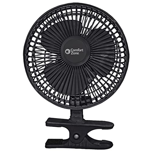 Comfort Zone Portable Clip on Fan with Fully Adjustable Tilt, Electric, 6 inch, Quiet, Indoor, 2 Speed, Mini Desk Fan, Table Fan, Airflow 6.53 ft/sec, Ideal for Home, Bedroom, Dorm & Office, CZ6CBK - Black