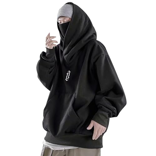Alalaso Ninja Hoodie Men Double Neckline Cotton Pullover Windproof Warm Japanese Assassin-Style Sweatshirt for Men and Women - B01-black - X-Large