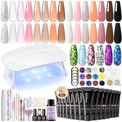 Peacecolor Poly Nagel Gel Starter Set mit UV Lampe, 15 Farben Gel Nägel Set Nagelset Gelnägel Starterset Poly Nail Nagelverlängerung Gel mit Base Top Coat, Gel Nägel Selber Set Machen Zu Hause
