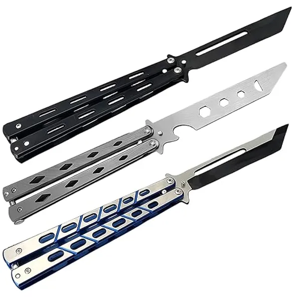 Sporgo Butterfly Trainer 3 Stück: Butterfly Messer zum Üben Ungeschärfte Klinge Übungs Kamm Edelstahl für Trainingsmesser Anfänger Flipping Tricks üBt(Silber + Schwarz + Blau) (1) - 1