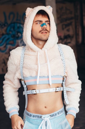 Contrast Binding Faux Fur Long Sleeve Crop Hoodie Without Harness [Pre-Order]