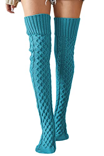 SherryDC Women's Grid Knit Thigh High Socks Over Knee High Extra Long Boot Stockings Leg Warmer - Blue