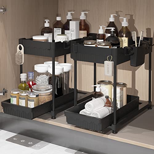 Sevenblue 2 Pack Under Sink Organizers and Storage, 2 Tier Sliding Bathroom organizer,Multi-Use Under Kitchen Cabinet Storage Shelf (Black 2Pack) - Black 2Pack