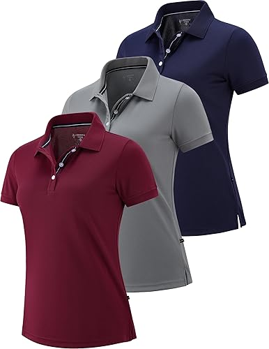 3 Pack Women's Athletic Dry Fit Polo Shirts - Coral/Orchid/Black