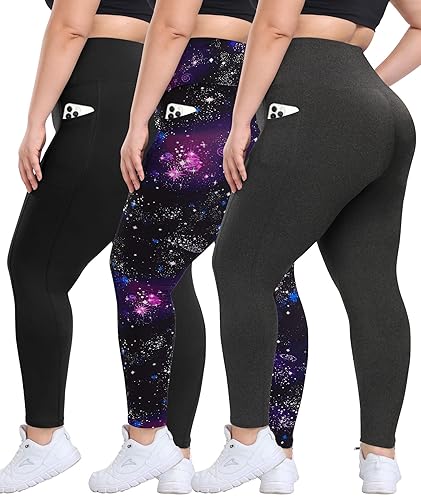 3 Pack Leggings with Pockets for Women - Black/Starry Galaxy/Heather Grey