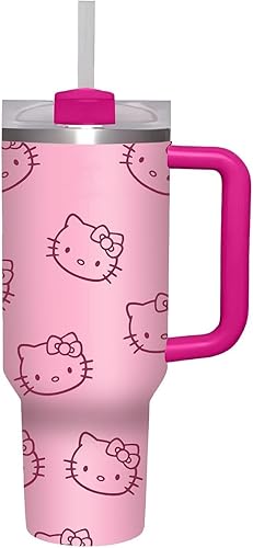 Generic Insulated Tumbler, 1 Sets 40 oz Tumbler with Handle and Straw Lid, Insulated Cup Reusable Stainless Steel Water Bottle Mug Cups,40 Oz Tumbler with Handle, Pink Kitty (Pink) - Pink