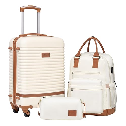COOLIFE Suitcase Trolley Carry On Hand Cabin Luggage Hard Shell Travel Bag Lightweight with TSA Lock,The Suitcase Included 1pcs Travel Backpack and 1pcs Toiletry Bag (White/Brown, 20 Inch Luggage Set) - 20 Inch Luggage Set - White/Brown