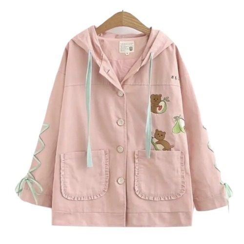 Avocado Teddy Bear Windbreaker Coat for Spring and Fall - Pink / M