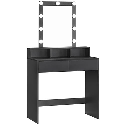 VASAGLE Vanity Desk with Mirror, Makeup Vanity Table with Lights, Adjustable Brightness, 31.5-Inch Wide Makeup Desk with 2 Drawers, 3 Storage Compartments, for Bedroom, Modern, Black URDT114B02 - Black - 31.5"W