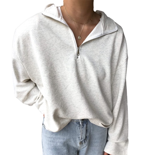 Womens Oversized Half Zip Lapel Sweatshirt Solid Color Casual Long Sleeve Cropped Pullover Top - Large Lightgrey