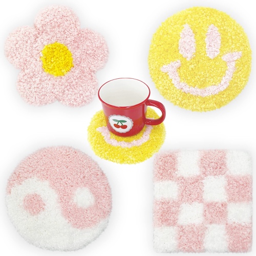 Handmade Preppy Coasters, Tufted Pink Pastel Smily Face Rug Cute Aesthetic Home Room Decor Drinks Coffee Table Gift 4Pcs - Preppy