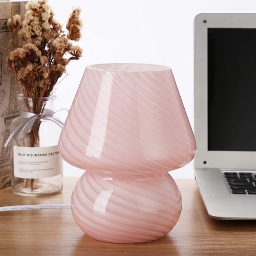 Pink Mushroom Lamp,Glass Mushroom Bedside Table Lamps Translucent Murano Vintage Style Striped Small Nightstand Desklamp Swirl Light for Home Decor, Dining, Living, Bedroom, Gift (Stripe Pink) - Stripe Pink