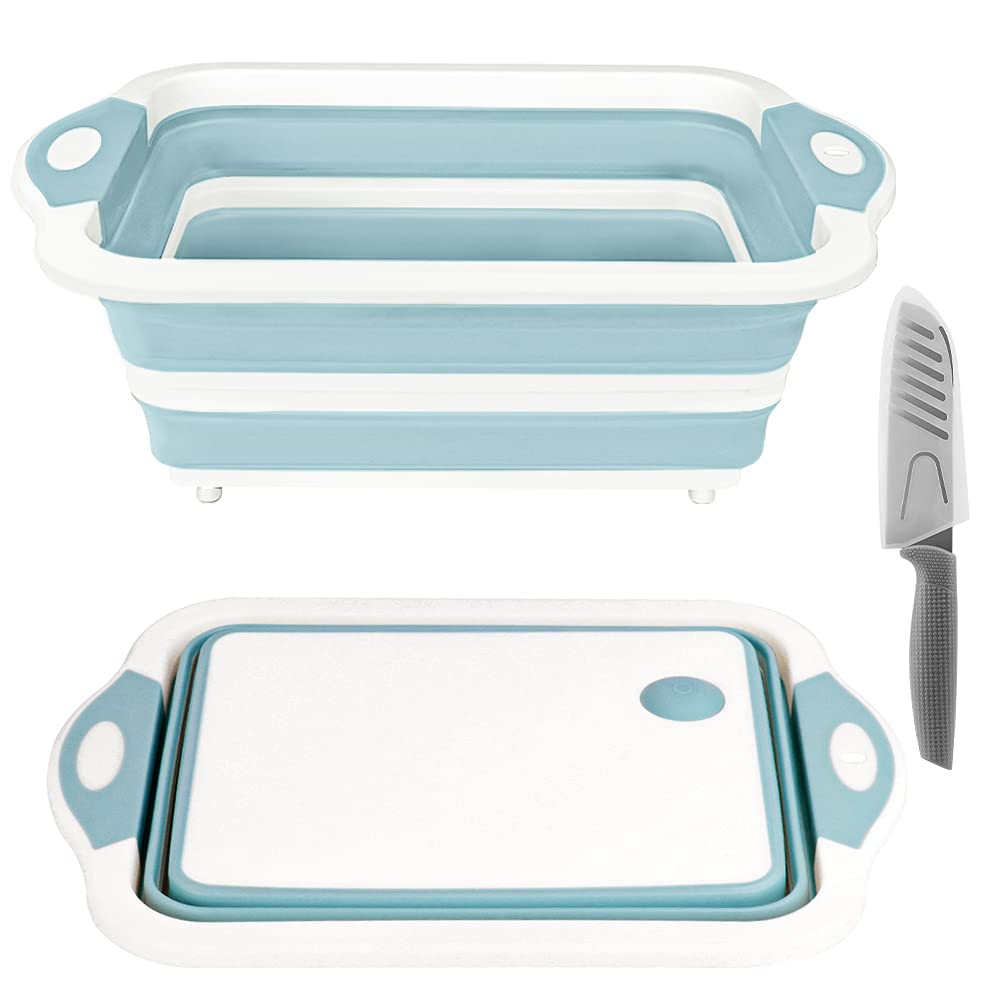 Rottogoon Collapsible Cutting Board, Foldable Chopping Board with Colander, Multifunctional Kitchen Vegetable Washing Basket Silicone Dish Tub for BBQ Prep/Picnic/Camping(Light Blue) - Light Blue