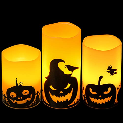 Eldnacele Halloween Flameless Candles, LED Flickering Battery Pillar Candles with 6H Timer and Pumpkin Decals, Spooky Fall Halloween Festival Party Decoration Set of 3 (D 3” x H 4” 5” 6”) - B-Pumpkin