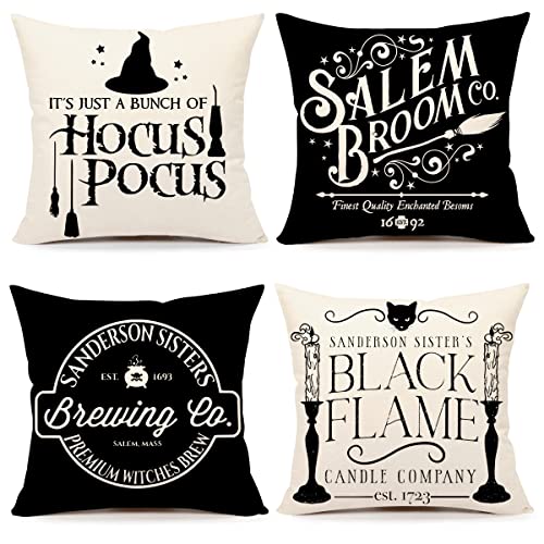 Halloween Decor Pillow Covers 18x18 Set of 4 Halloween Decorations Hocus Pocus Farmhouse Saying White Black Outdoor Fall Pillows Decorative Throw Cushion Case for Home Couch TH118-18 - 18 X 18 inches - White Black