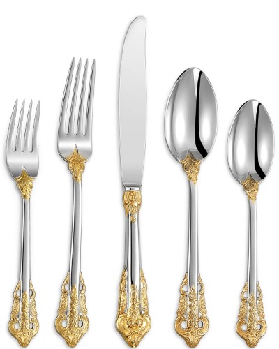 KEAWELL Luxury 20 Pieces 18/10 Stainless Steel Flatware set, Service for 4, silver plated with gold accents, Fine Silverware set and Dishwasher Safe - Gold Accent