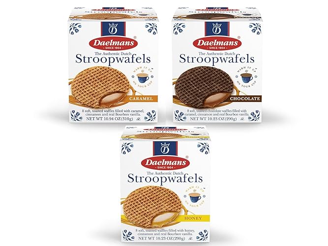 DAELMANS Stroopwafels, Dutch Waffles Soft Toasted, 3 Pack Assortment, Caramel, Honey, Chocolate, Jumbo Size, Kosher Dairy, Authentic Made In Holland, 8 Stroopwafels Per Box (3 Pack) - Caramel, Honey, and Chocolate - 3 Piece Assortment