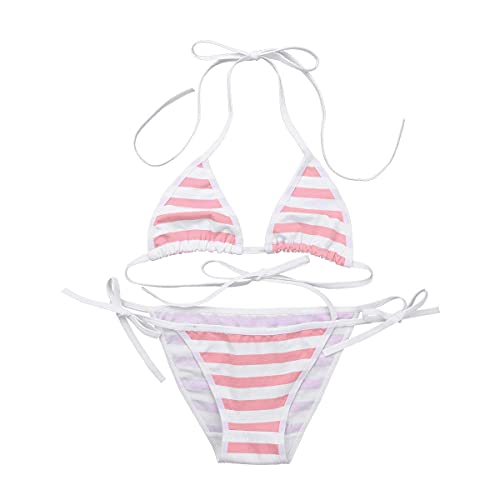 ABAFIP Womens Micro Tanning Bikini Kawaiii Japanese Cute Anime Lingerie set Tiny Bra Thong Panty Bottom Extreme Swimsuit - One Size - Pink Stripe