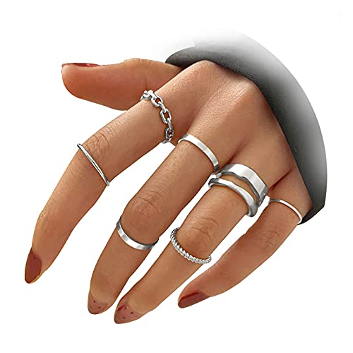 FAXHION Gold Knuckle Rings Set for Women Snake Chain Stacking Ring Vintage BOHO Midi Rings SIze Mixed - Silver Color