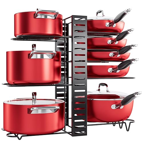 MUDEELA Pots and Pans Organizer Rack under Cabinet, 8-Tier Kitchen Organizers and Storage Pot Racks, Adjustable Pot Organizers inside Cabinet with 3 DIY Methods - LightDuty-Black