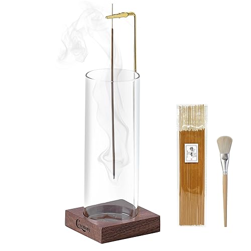 Ceremony Incense Holder, Wooden Incense Holder for Sticks with Glass Ash Catcher, Anti-ash Incense Burner with 20 Incense Sticks and a Ash Brush for Meditation Yoga Spa Room Decor - DG+Round Wooden Base