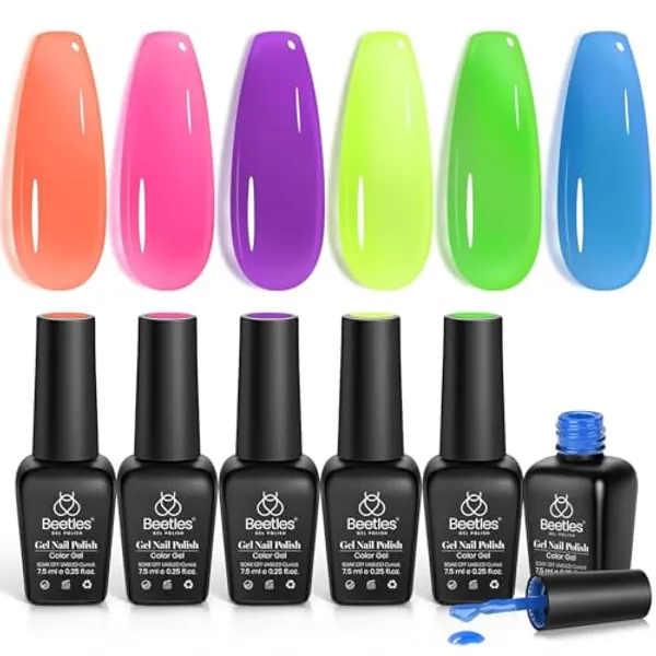 Beetles Neon Jelly Gel Nail Polish Set, 6 Colors Summer Jelly Crystal Gel Nail Polish Neon Blue Purple Rainbow Yellow Green Orange Nail Gel Uv LED Dryer Cured Nail Trend Gel Nail Art Gifts for Women