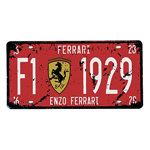 NGFR PEI's Tin Sign Ferrari F1-1929 Auto License Plate, Embossed Tag Size 6" X 12" (red-Antiqued)