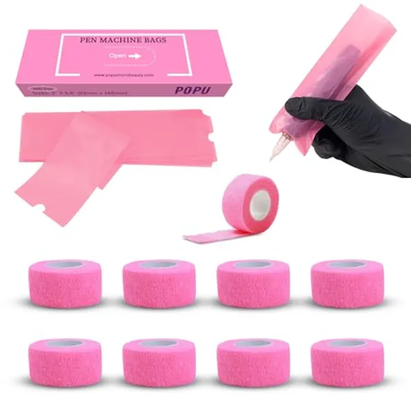 EZ Tattoo Machine Covers with Grip Tapes - 9PCS (1inch x 5 Yard) Pink Tattoo Grip Wrap with 200pcs (2.0 inch X 6.4 inch) Pink Tattoo Pen Machine Covers Tattoo Supplies