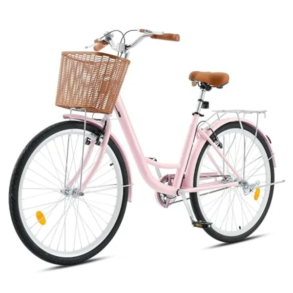 CO-Z Womens Cruiser Bike, 26 Inch Womens Bike with Basket, Beach Cruiser Bike for Short Women with Rear Rack, Adjustable Step Through Bike, Commute Bike Bicycle for Women Ladies Girls Adults, Pink