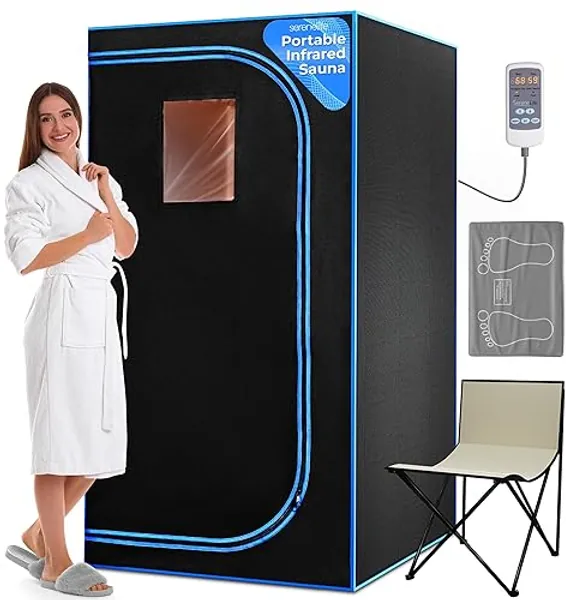 SereneLife Portable Sauna for Home, Infrared Sauna Tent with Heated Foot Pad and Folding Chair, Compact Personal Detox Sauna, Remote Control In-Home Spa, 35" x 71" - inch (Black)
