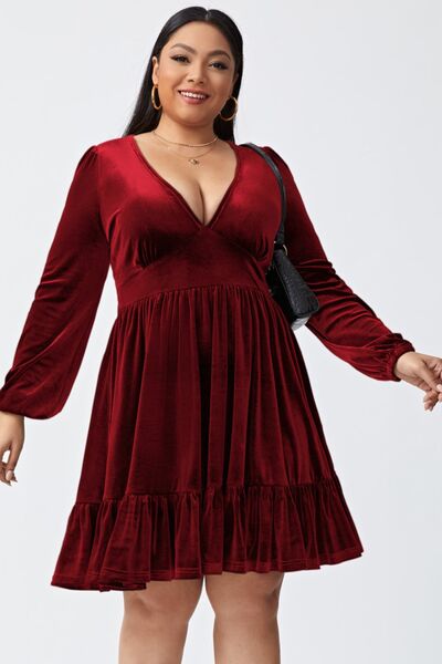 Plus Size Plunge Long Sleeve Mini Dress - Wine / 3XL