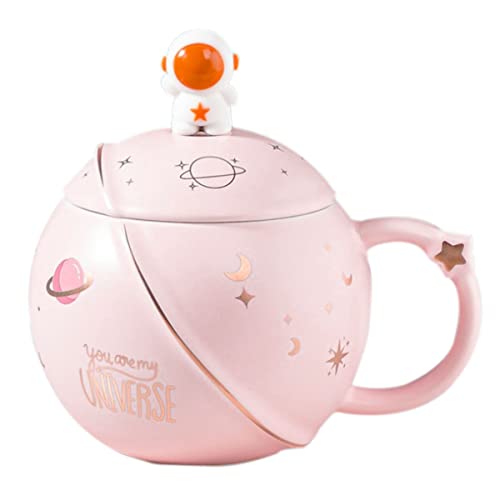 Hwagui Kawaii Astronaut Mug with Lid and Spoon, Handmade Cute Ceramic Cup for Coffee, Tea, Milk, Water, Space Mug Novelty Gift Pink 450ml/15oz - space cup pink