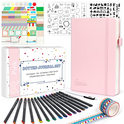 Dotted Journal Kit, Feela Dot Grid Journal Hardcover Planner Notebook Set For Beginners Women Girls Note Taking with Journaling Supplies Stencils Stickers Pens Accessories, A5, 224 Pages, Pink - Pink