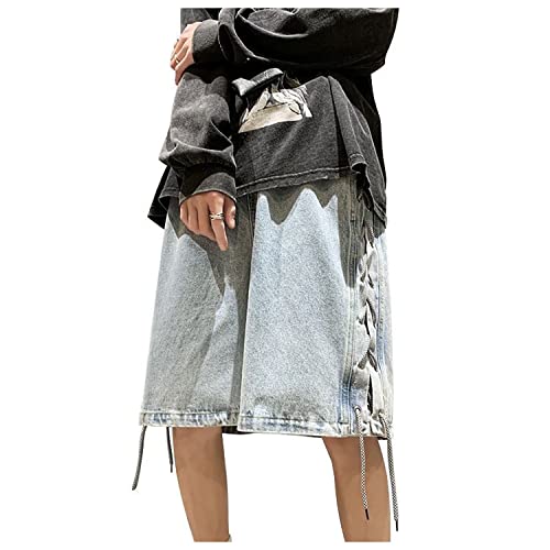 POHADON Baggy Jean Shorts Casual Loose Fit Hip Hop Denim Shorts Wide Leg Y2K Aesthetic Cargo Shorts Harajuku Streetwear - Lace Up Blue - XX-Large