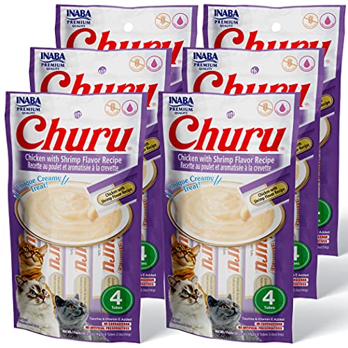 INABA Churu Cat Treats, Grain-Free, Lickable, Squeezable Creamy Purée Cat Treat/Topper with Vitamin E & Taurine, 0.5 Ounces Each Tube, 24 Tubes (4 per Pack), Chicken with Shrimp Recipe - Chicken with Shrimp Recipe - 4 Count (Pack of 6)