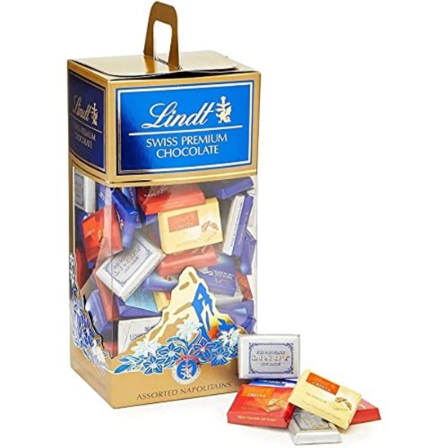LINDT Napolitanas Suizas, contiene un surtido de minitabletas de chocolate envueltas individualmente, chocolate con leche, de chocolate blanco, chocolate negro, chocolate con avellanas