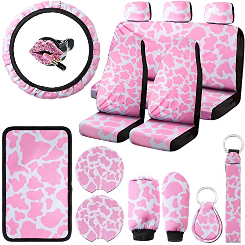 Tallew 16 Pieces Pink Cow Print Car Seat Covers, Cow Car Accessories Set Steering Wheel Cover Console Armrest Pad Headrest Handbrake Gear Cover Keyring Mat Vent for Universal Car Interior Decor