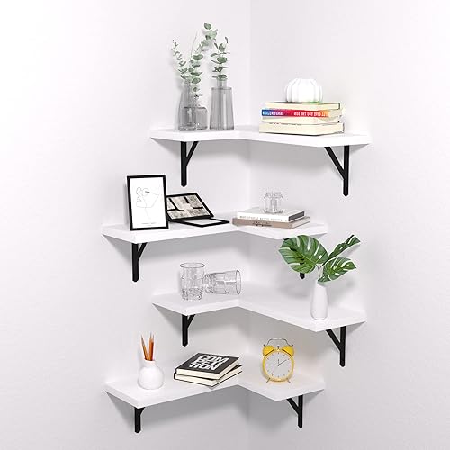 NATURE'S SOURCE Floating Corner Shelves Set of 4, Corner Shelves Wall Mounted, Floating Shelves for Bedroom Kitchen Living Room Bathroom Office- Modern Style (White, Set of 4) - Set of 4 - White