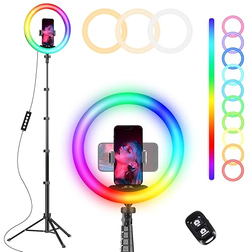 UBeesize 12” RGB Selfie Ring Light with 62” Extendable Tripod Stand & Remote, LED Light with Phone Holder for Video Recording/Makeup/Content Creator (YouTube/TikTok/Twitch), Phone, Camera & Webcam - RGB,White,Warm,Daylight - 12"
