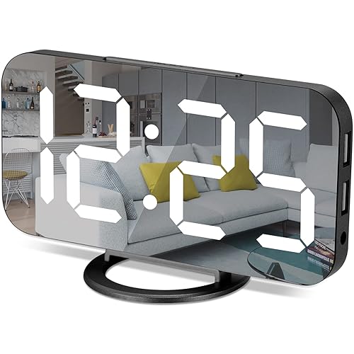 Digital Alarm Clocks,7" LED Mirror Electronic Clock,with 2 USB Charging Ports,Snooze Mode,Auto Adjust Brightness,Modern Desk Wall Clock for Bedroom Living Room Office - Black - Black