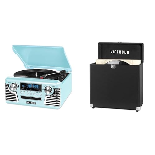 Victrola 50's Retro Bluetooth Record Player & Vinyl Record Storage Case Bundle - Teal - Record Player + Carrying Case