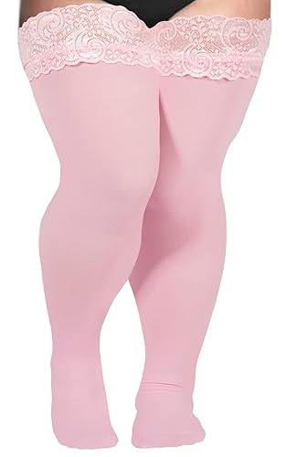 Moon Wood Plus Size Thigh High Stockings Womens 55D Semi Sheer Silicone Lace Top Stay Up Lingerie Thigh Highs Pantyhose - Light Pink
