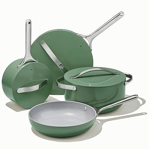 Caraway Nonstick Ceramic Cookware Set (12 Piece) Pots, Frying Pans, 3 Lids and Kitchen Storage - Non Toxic PFAS & PFOA Free - Oven Safe Ceramic Pan Set & Compatible with All Stovetops - Sage - Sage